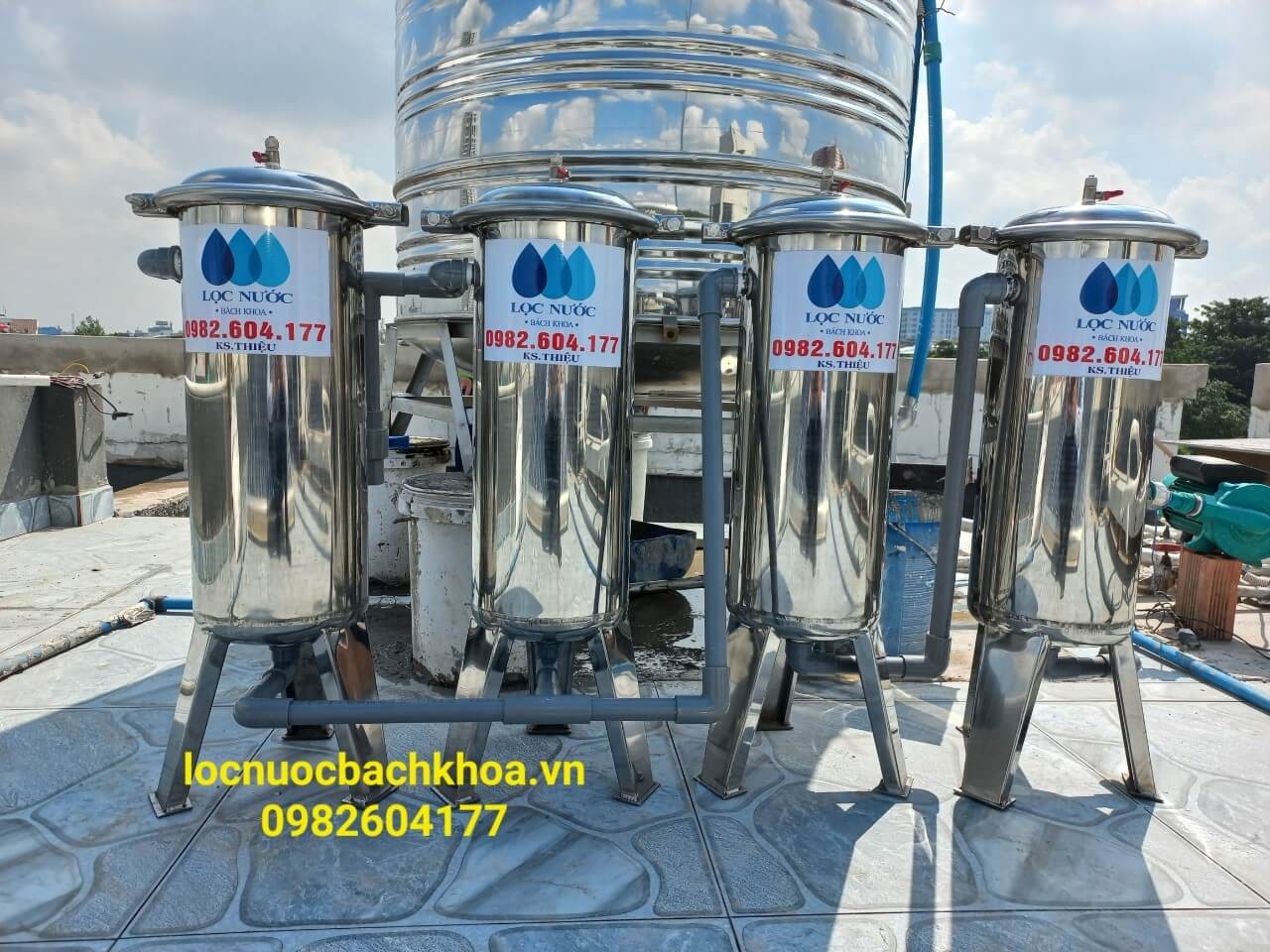 Lắp đặt bộ lọc nước đầu nguồn gồm 4 bình lọc tinh inox 304 cao cấp - Công trình quận Gò Vấp, HCM
